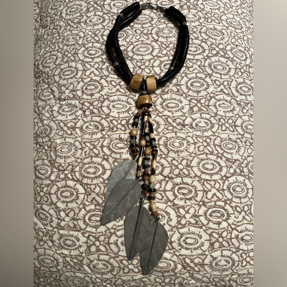 Vintage (1987) Wooden and Beaded Turkana Necklace with Hanging Tin Leaves! EUC!